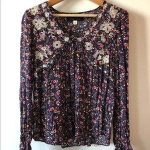 Deep V floral long sleeve blouse